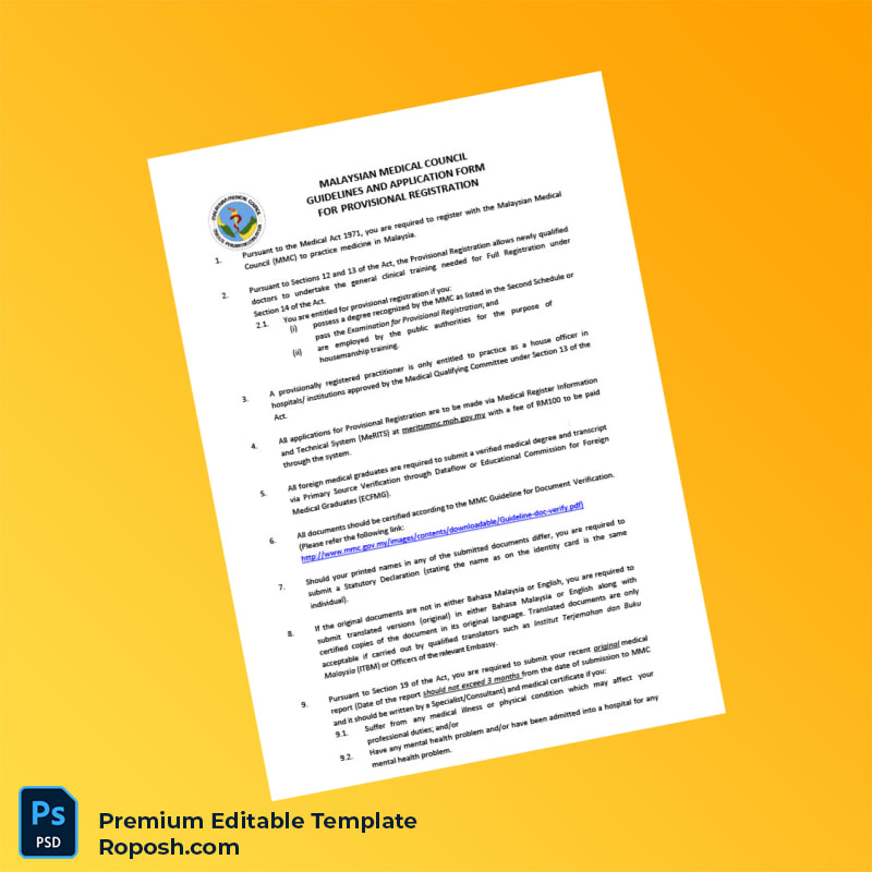 Customizable Malaysia Malaysian Medical Council Provisional Registration Guidelines and Application Form Editable Word & PDF Template 5 page Customizable Malaysia Malaysian Medical Council Provisional Registration Guidelines and Application Form Editable Word & PDF Template 5 page