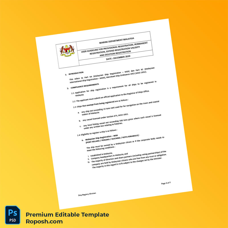 Malaysia Marine Department User Guideline for Ship Registration Registration Certificate Editable Word & PDF Template 7 page Malaysia Marine Department User Guideline for Ship Registration Registration Certificate Editable Word & PDF Template 7 page