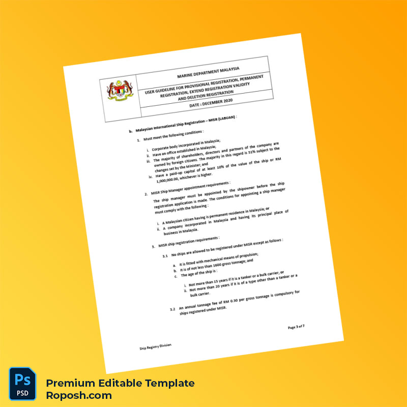 Malaysia Marine Department User Guideline for Ship Registration Registration Certificate Editable Word & PDF Template 7 page Malaysia Marine Department User Guideline for Ship Registration Registration Certificate Editable Word & PDF Template 7 page