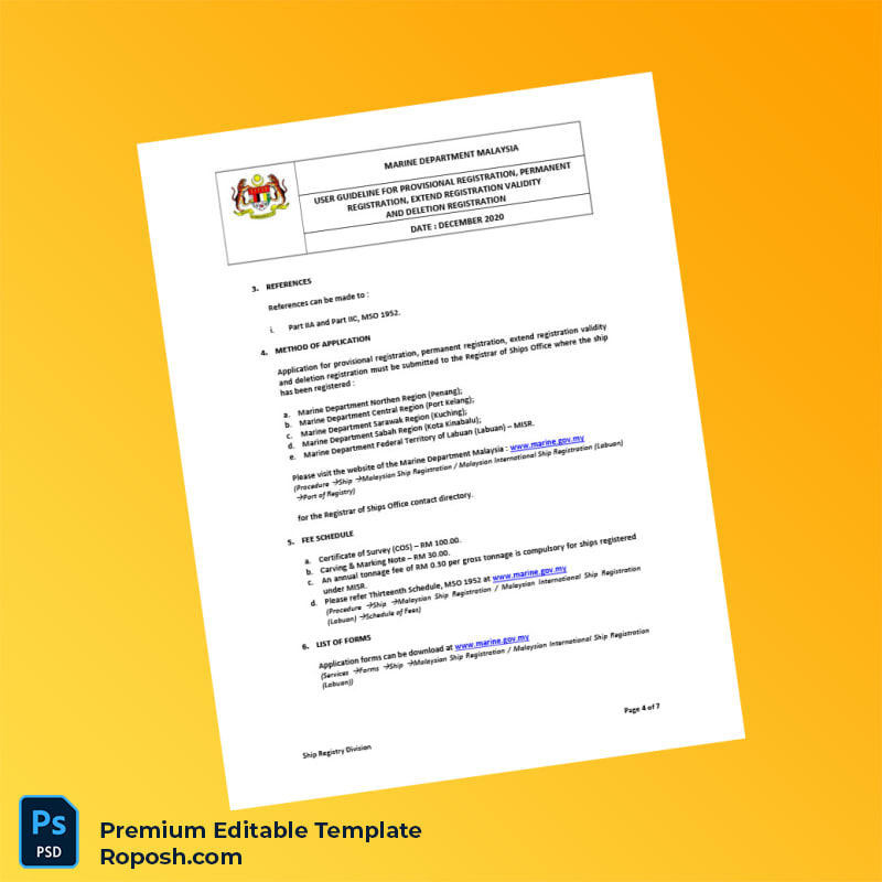 Malaysia Marine Department User Guideline for Ship Registration Registration Certificate Editable Word & PDF Template 7 page Malaysia Marine Department User Guideline for Ship Registration Registration Certificate Editable Word & PDF Template 7 page