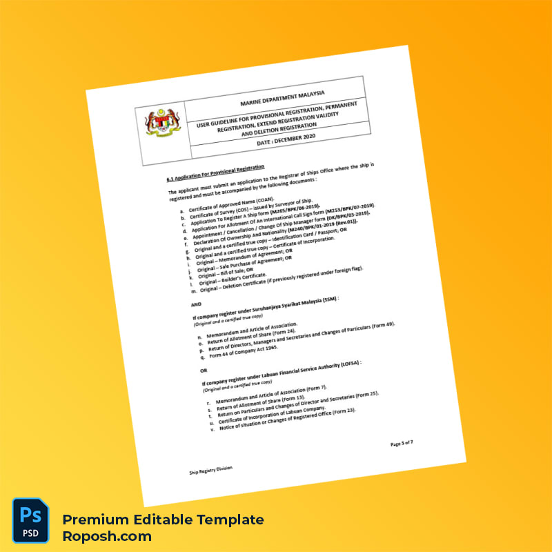 Malaysia Marine Department User Guideline for Ship Registration Registration Certificate Editable Word & PDF Template 7 page Malaysia Marine Department User Guideline for Ship Registration Registration Certificate Editable Word & PDF Template 7 page