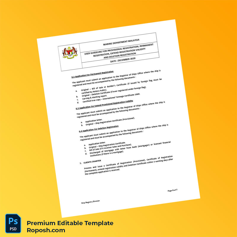 Malaysia Marine Department User Guideline for Ship Registration Registration Certificate Editable Word & PDF Template 7 page Malaysia Marine Department User Guideline for Ship Registration Registration Certificate Editable Word & PDF Template 7 page