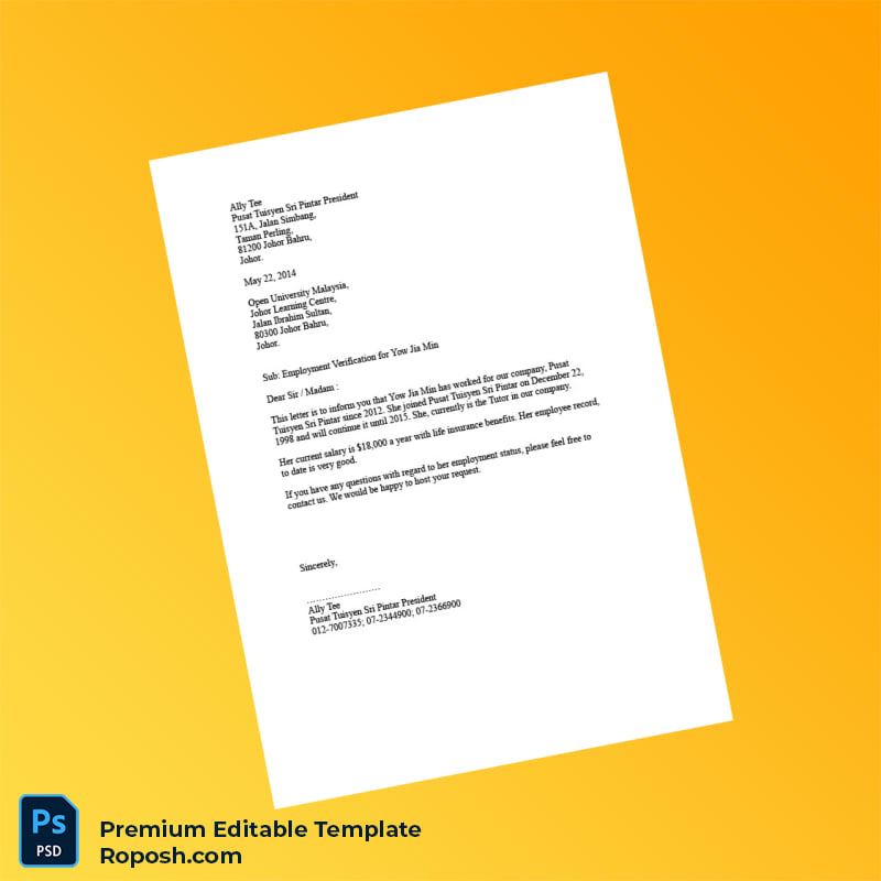 Customizable Malaysia Pusat Tuisyen Sri Pintar Employment Verification Letter Word & PDF Template Customizable Malaysia Pusat Tuisyen Sri Pintar Employment Verification Letter Word & PDF Template