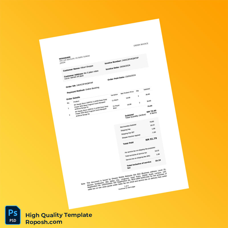 Malaysia Shopee Invoice Template in Word and PDF formats 2 page Malaysia Shopee Invoice Template in Word and PDF formats 2 page