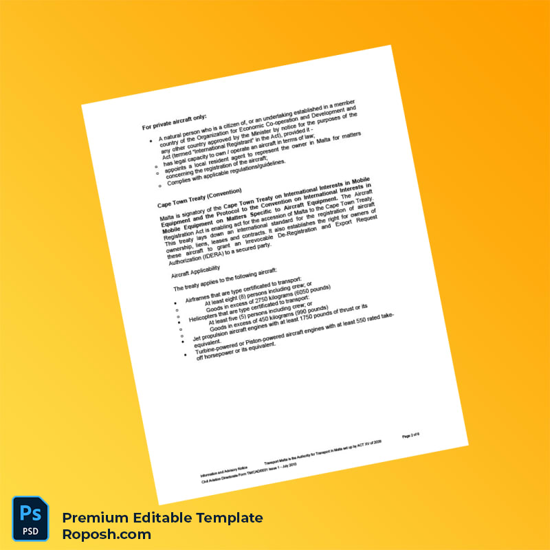 Customizable Malta Civil Aviation Directorate Aircraft Registration Certificate Editable Word & PDF Template 6 page Customizable Malta Civil Aviation Directorate Aircraft Registration Certificate Editable Word & PDF Template 6 page