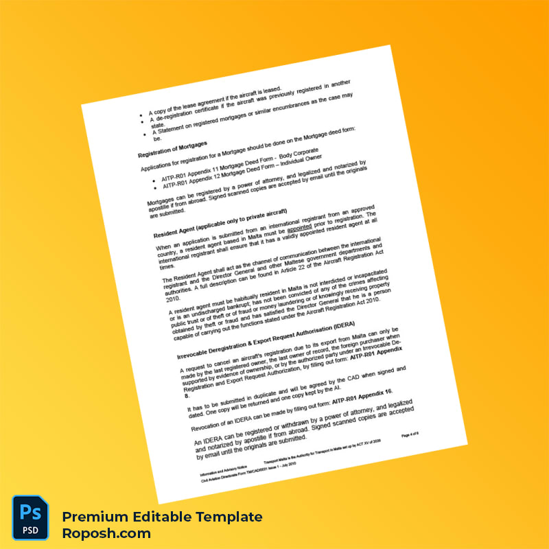 Customizable Malta Civil Aviation Directorate Aircraft Registration Certificate Editable Word & PDF Template 6 page Customizable Malta Civil Aviation Directorate Aircraft Registration Certificate Editable Word & PDF Template 6 page