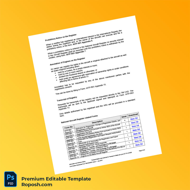 Customizable Malta Civil Aviation Directorate Aircraft Registration Certificate Editable Word & PDF Template 6 page Customizable Malta Civil Aviation Directorate Aircraft Registration Certificate Editable Word & PDF Template 6 page