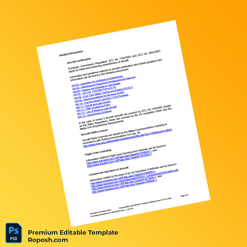 Customizable Malta Civil Aviation Directorate Aircraft Registration Certificate Editable Word & PDF Template 6 page Customizable Malta Civil Aviation Directorate Aircraft Registration Certificate Editable Word & PDF Template 6 page
