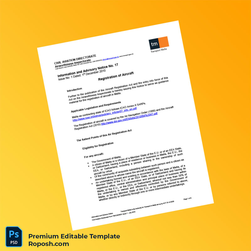 Customizable Malta Civil Aviation Directorate Aircraft Registration Certificate Editable Word & PDF Template 6 page Customizable Malta Civil Aviation Directorate Aircraft Registration Certificate Editable Word & PDF Template 6 page