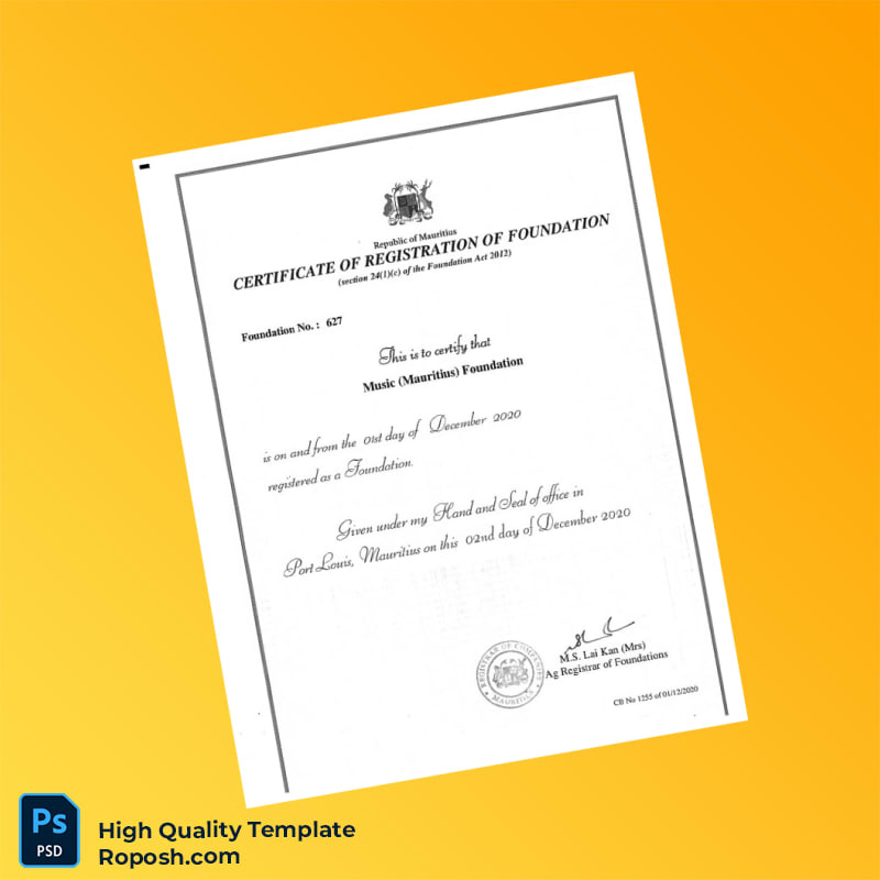 Mauritius Registrar of Foundations Certificate of Registration Template in Word and PDF formats Mauritius Registrar of Foundations Certificate of Registration Template in Word and PDF formats