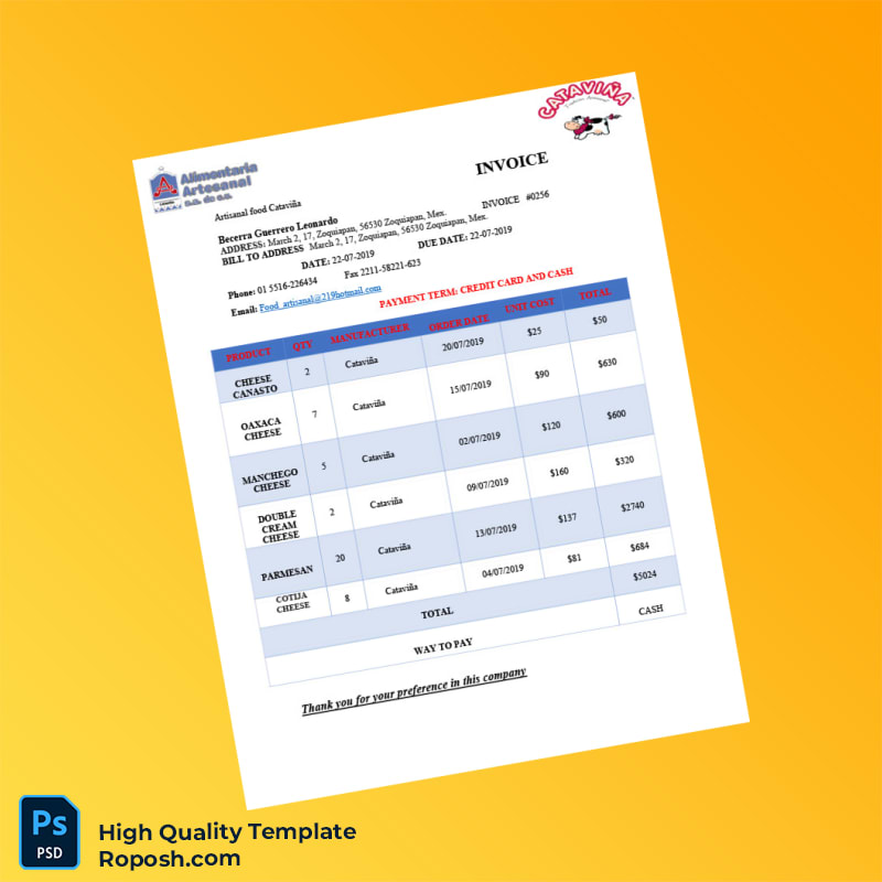 Mexico Alimentaria Artesanal Invoice Template in Word and PDF formats Mexico Alimentaria Artesanal Invoice Template in Word and PDF formats