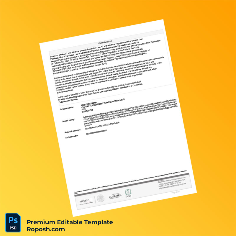 Customizable Mexico IMSS Registration Certificate Editable Word & PDF Template 2 page Customizable Mexico IMSS Registration Certificate Editable Word & PDF Template 2 page