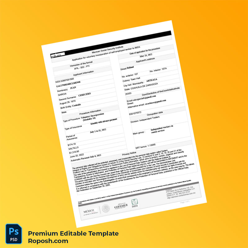 Customizable Mexico IMSS Registration Certificate Editable Word & PDF Template 2 page Customizable Mexico IMSS Registration Certificate Editable Word & PDF Template 2 page