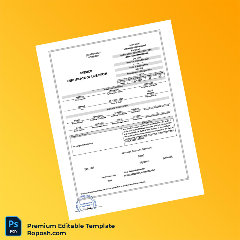 Customizable Mexico Vital Records Certificate of Live Birth Editable Word & PDF Template Customizable Mexico Vital Records Certificate of Live Birth Editable Word & PDF Template