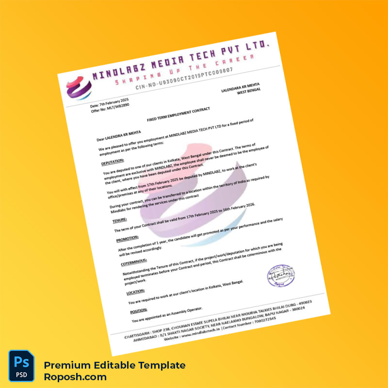 Customizable Mindlabz Media Tech Pvt Ltd Employment Verification Letter Word & PDF Template 5 page Customizable Mindlabz Media Tech Pvt Ltd Employment Verification Letter Word & PDF Template 5 page