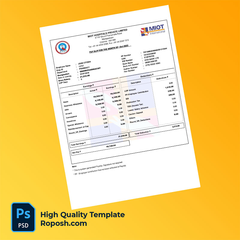 Miot Hospitals Private Limited payslip word and pdf template Miot Hospitals Private Limited payslip word and pdf template
