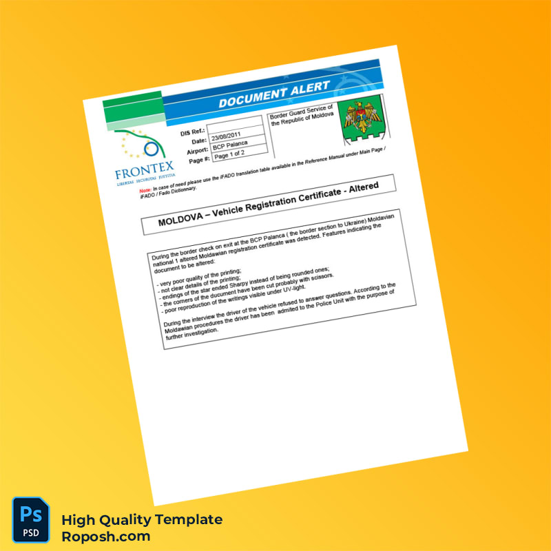 Moldova Border Guard Service Vehicle Registration Certificate Template in Word and PDF formats 2 page Moldova Border Guard Service Vehicle Registration Certificate Template in Word and PDF formats 2 page