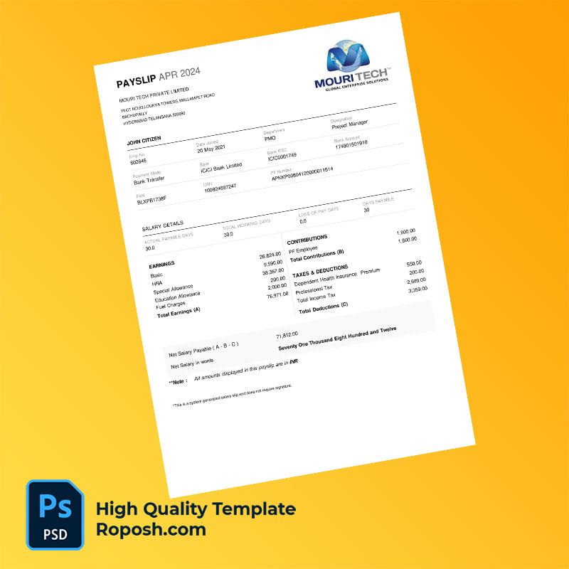 Mouri Tech Private Limited payslip word and pdf template Mouri Tech Private Limited payslip word and pdf template
