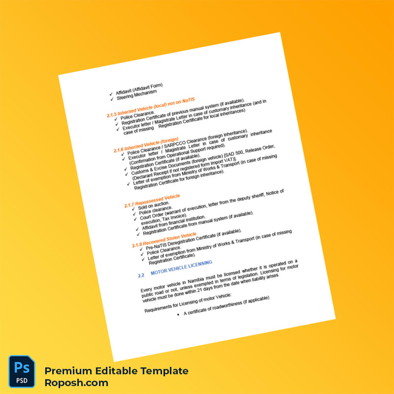 Customizable Namibia Ministry of Transport Motor Vehicle Registration Certificate Editable Word & PDF Template 3 page Customizable Namibia Ministry of Transport Motor Vehicle Registration Certificate Editable Word & PDF Template 3 page
