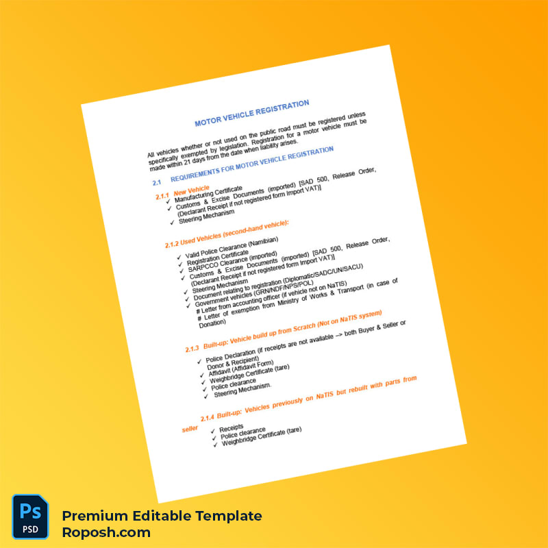 Customizable Namibia Ministry of Transport Motor Vehicle Registration Certificate Editable Word & PDF Template 3 page Customizable Namibia Ministry of Transport Motor Vehicle Registration Certificate Editable Word & PDF Template 3 page