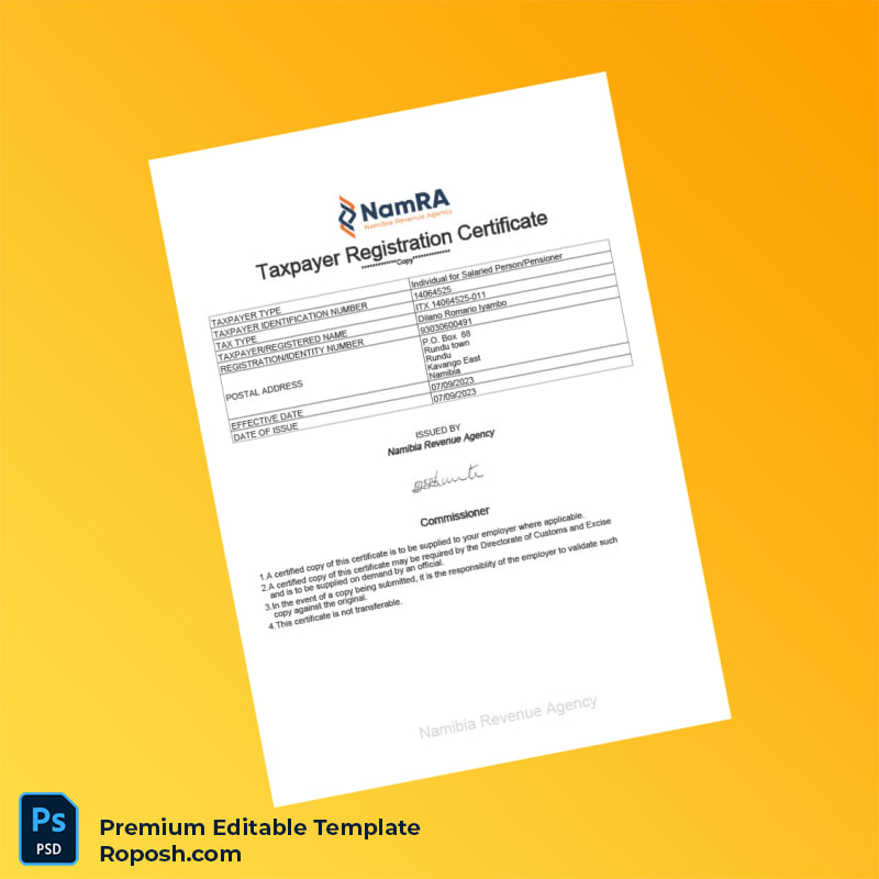 Customizable Namibia Namibia Revenue Agency Tax Registration Certificate Editable Word & PDF Template Customizable Namibia Namibia Revenue Agency Tax Registration Certificate Editable Word & PDF Template