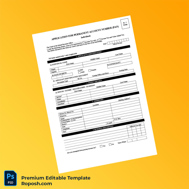 Customizable Nepal Inland Revenue Office Permanent Account Number PAN Application Form Editable Word & PDF Template 3 page Customizable Nepal Inland Revenue Office Permanent Account Number PAN Application Form Editable Word & PDF Template 3 page