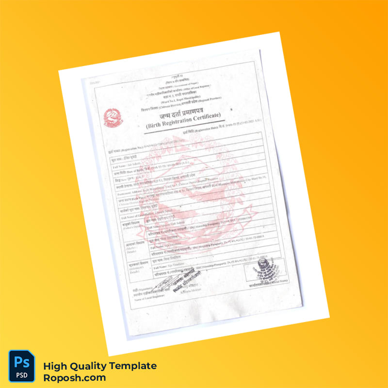 Nepal Local Registrar Editable Birth Registration Certificate Template in Word and PDF formats Nepal Local Registrar Editable Birth Registration Certificate Template in Word and PDF formats