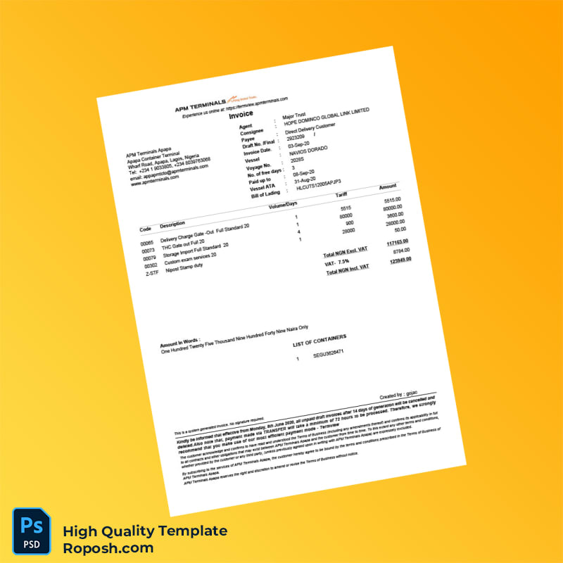 Nigeria APM Terminals Invoice Template in Word and PDF formats Nigeria APM Terminals Invoice Template in Word and PDF formats