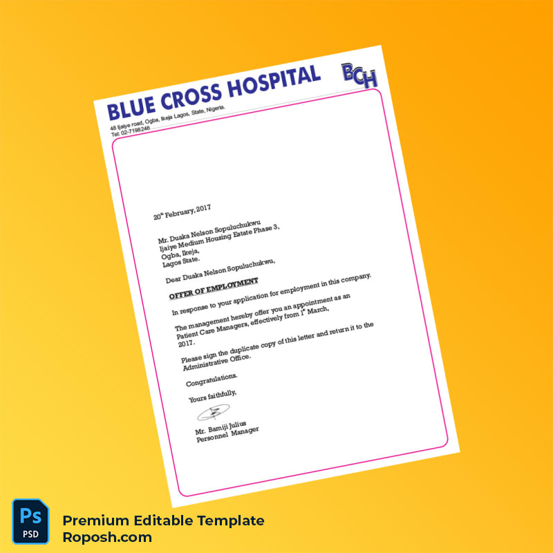 Customizable Nigeria Blue Cross Hospital Employment Verification Letter Word & PDF Template 8 page Customizable Nigeria Blue Cross Hospital Employment Verification Letter Word & PDF Template 8 page
