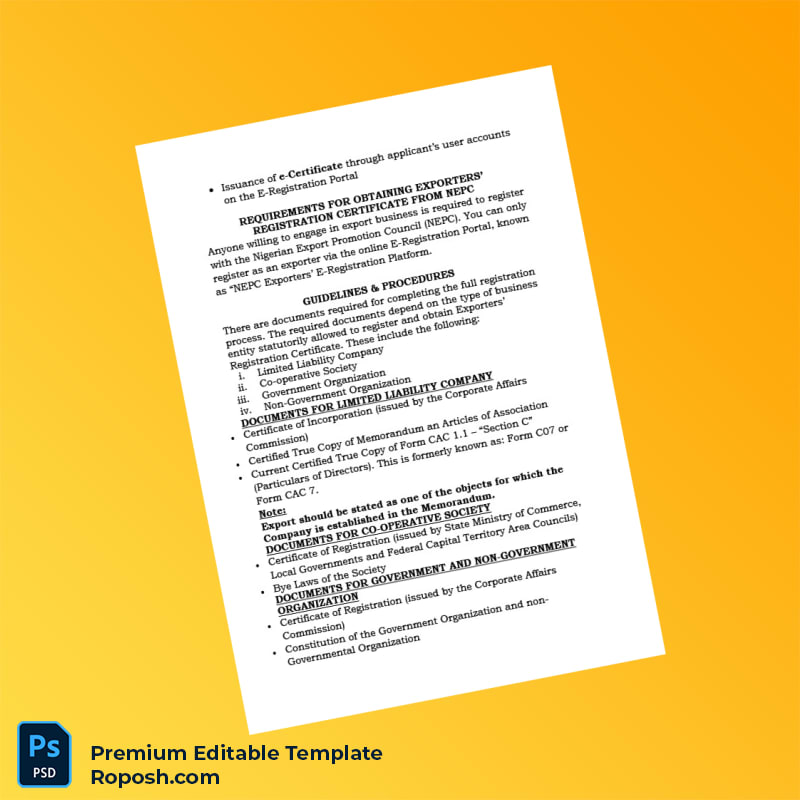 Customizable Nigeria NEPC Exporters Registration Certificate Editable Word & PDF Template 4 page Customizable Nigeria NEPC Exporters Registration Certificate Editable Word & PDF Template 4 page