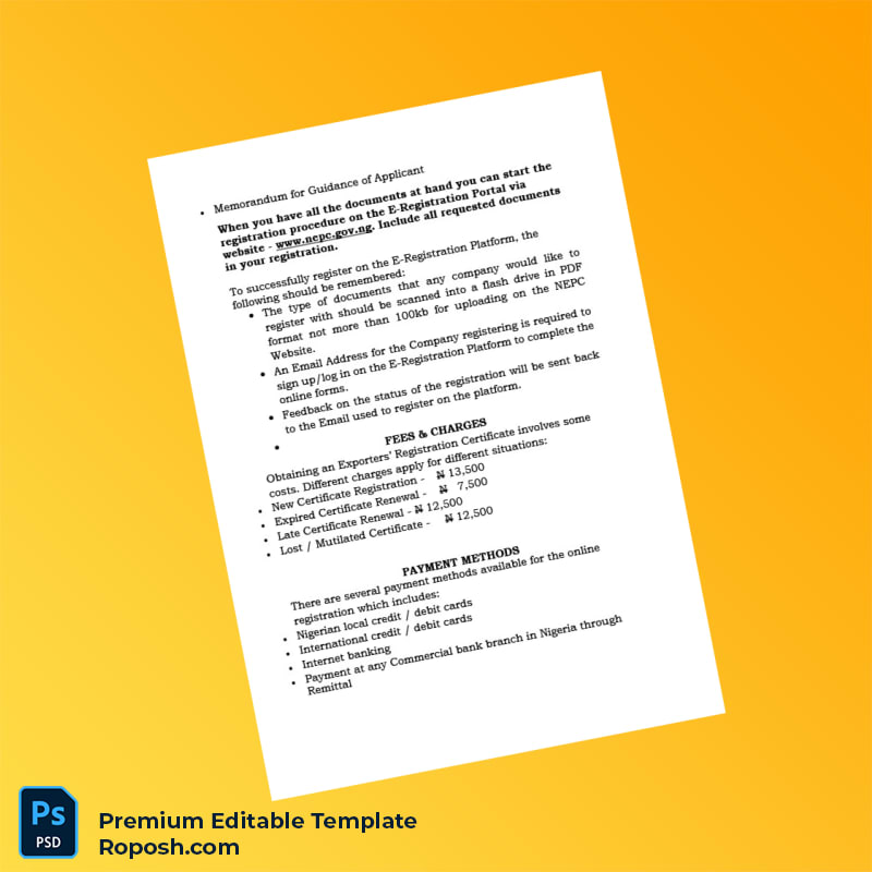 Customizable Nigeria NEPC Exporters Registration Certificate Editable Word & PDF Template 4 page Customizable Nigeria NEPC Exporters Registration Certificate Editable Word & PDF Template 4 page