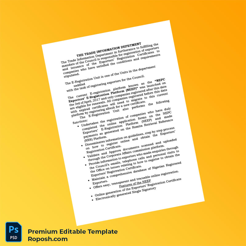 Customizable Nigeria NEPC Exporters Registration Certificate Editable Word & PDF Template 4 page Customizable Nigeria NEPC Exporters Registration Certificate Editable Word & PDF Template 4 page