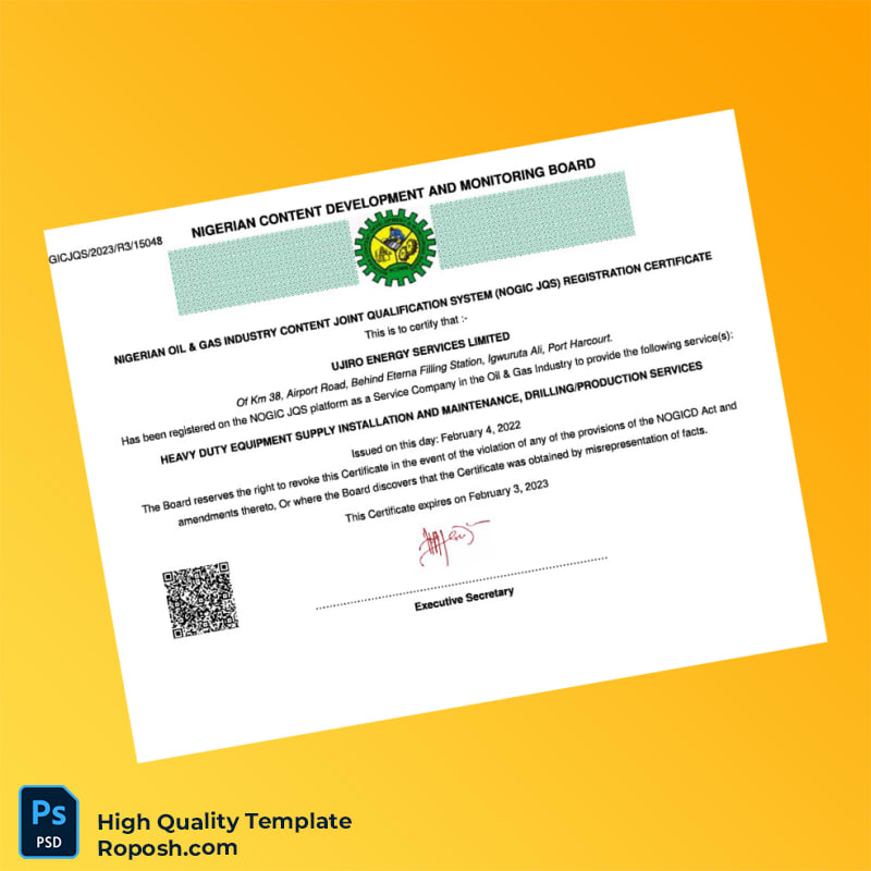 Nigeria NOGIC JQS Registration Certificate Template in Word and PDF formats Nigeria NOGIC JQS Registration Certificate Template in Word and PDF formats