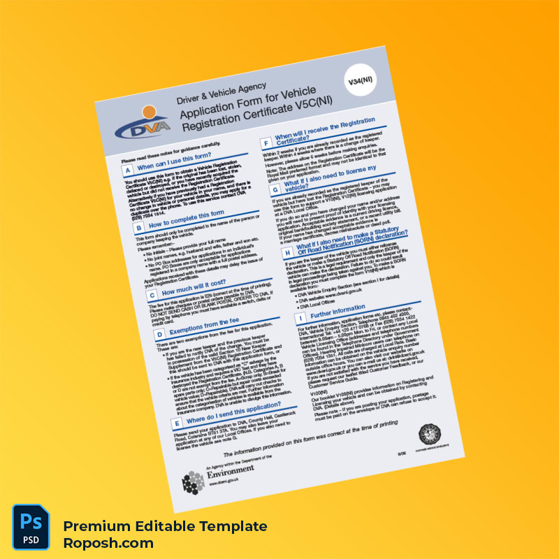 Customizable Northern Ireland Driver and Vehicle Agency Vehicle Registration Certificate Application Form Editable Word & PDF Template 2 page Customizable Northern Ireland Driver and Vehicle Agency Vehicle Registration Certificate Application Form Editable Word & PDF Template 2 page
