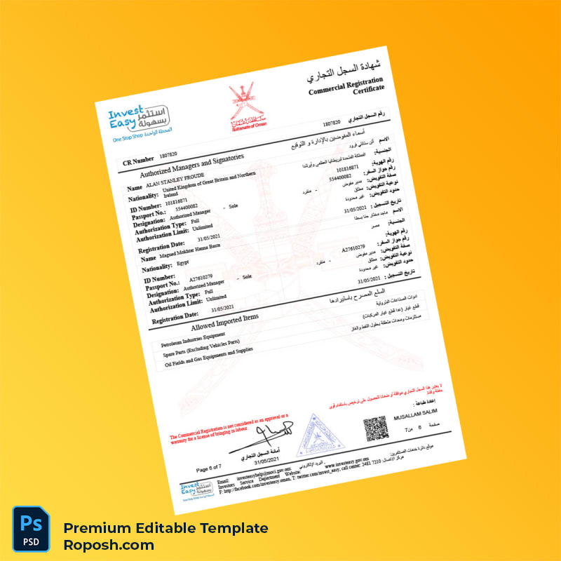 Customizable Oman Investment Authority Business Registration Certificate Editable Word & PDF Template 7 page Customizable Oman Investment Authority Business Registration Certificate Editable Word & PDF Template 7 page