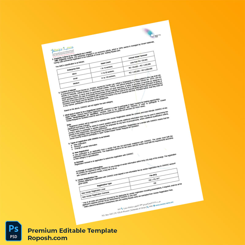 Customizable Oman OWWSC Vendor Registration Certificate Editable Word & PDF Template 3 page Customizable Oman OWWSC Vendor Registration Certificate Editable Word & PDF Template 3 page