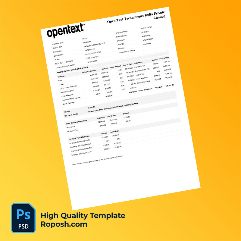 Open Text Technologies India Private Limited payslip word and pdf template Open Text Technologies India Private Limited payslip word and pdf template