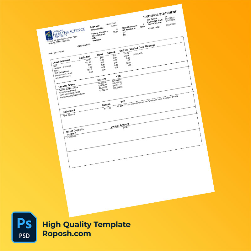 Oregon Health & Science University earning statement word and pdf template Oregon Health & Science University earning statement word and pdf template