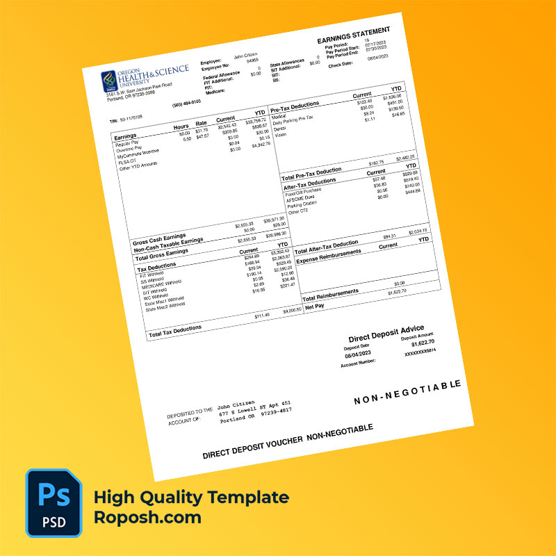 Oregon Health & Science University earning statement word and pdf template Oregon Health & Science University earning statement word and pdf template