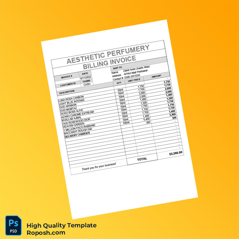 Pakistan Aesthetic Perfumery Invoice Template in Word and PDF formats 3 page Pakistan Aesthetic Perfumery Invoice Template in Word and PDF formats 3 page