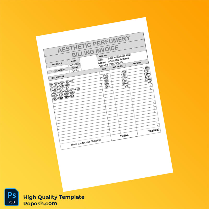 Pakistan Aesthetic Perfumery Invoice Template in Word and PDF formats 3 page Pakistan Aesthetic Perfumery Invoice Template in Word and PDF formats 3 page