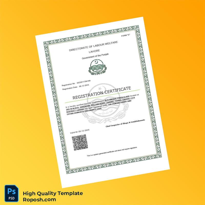 Pakistan Directorate of Labour Welfare Registration Certificate Template in Word and PDF formats Pakistan Directorate of Labour Welfare Registration Certificate Template in Word and PDF formats