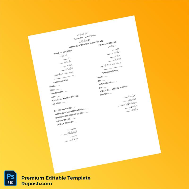 Customizable Pakistan Government Marriage Registration Certificate Editable Word & PDF Template Customizable Pakistan Government Marriage Registration Certificate Editable Word & PDF Template