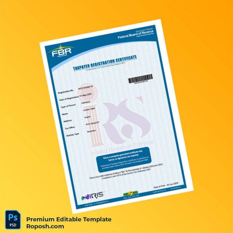 Customizable Pakistan IRS Tax Registration Certificate Editable Word ...