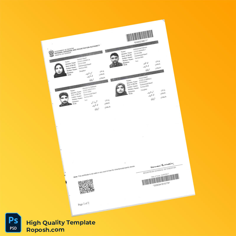 Pakistan NADRA Family Registration Certificate Template in Word and PDF formats 2 page Pakistan NADRA Family Registration Certificate Template in Word and PDF formats 2 page