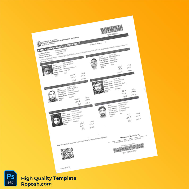 Pakistan NADRA Family Registration Certificate Template in Word and PDF formats 2 page Pakistan NADRA Family Registration Certificate Template in Word and PDF formats 2 page