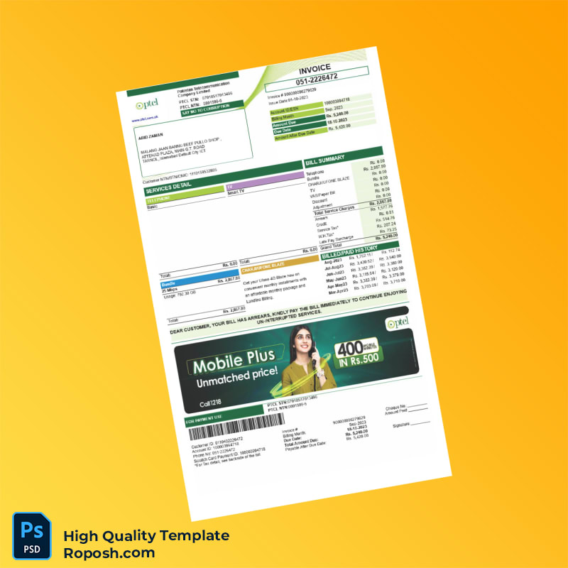 Pakistan PTCL Invoice Template in Word and PDF formats 2 page Pakistan PTCL Invoice Template in Word and PDF formats 2 page