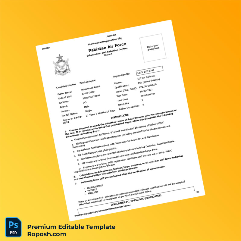 Customizable Pakistan Pakistan Air Force Registration Certificate Editable Word & PDF Template 2 page Customizable Pakistan Pakistan Air Force Registration Certificate Editable Word & PDF Template 2 page