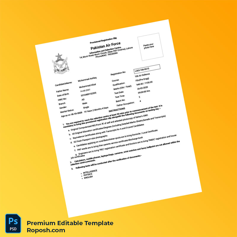 Customizable Pakistan Provisional Registration Slip for Air Force Entrance Exam Customizable Pakistan Provisional Registration Slip for Air Force Entrance Exam