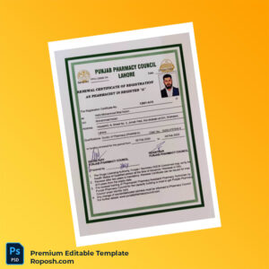 Pakistan Punjab Pharmacy Council Renewal Registration Certificate Editable Word & PDF Template 2 page